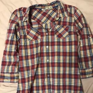 red, yellow, and navy light flannel